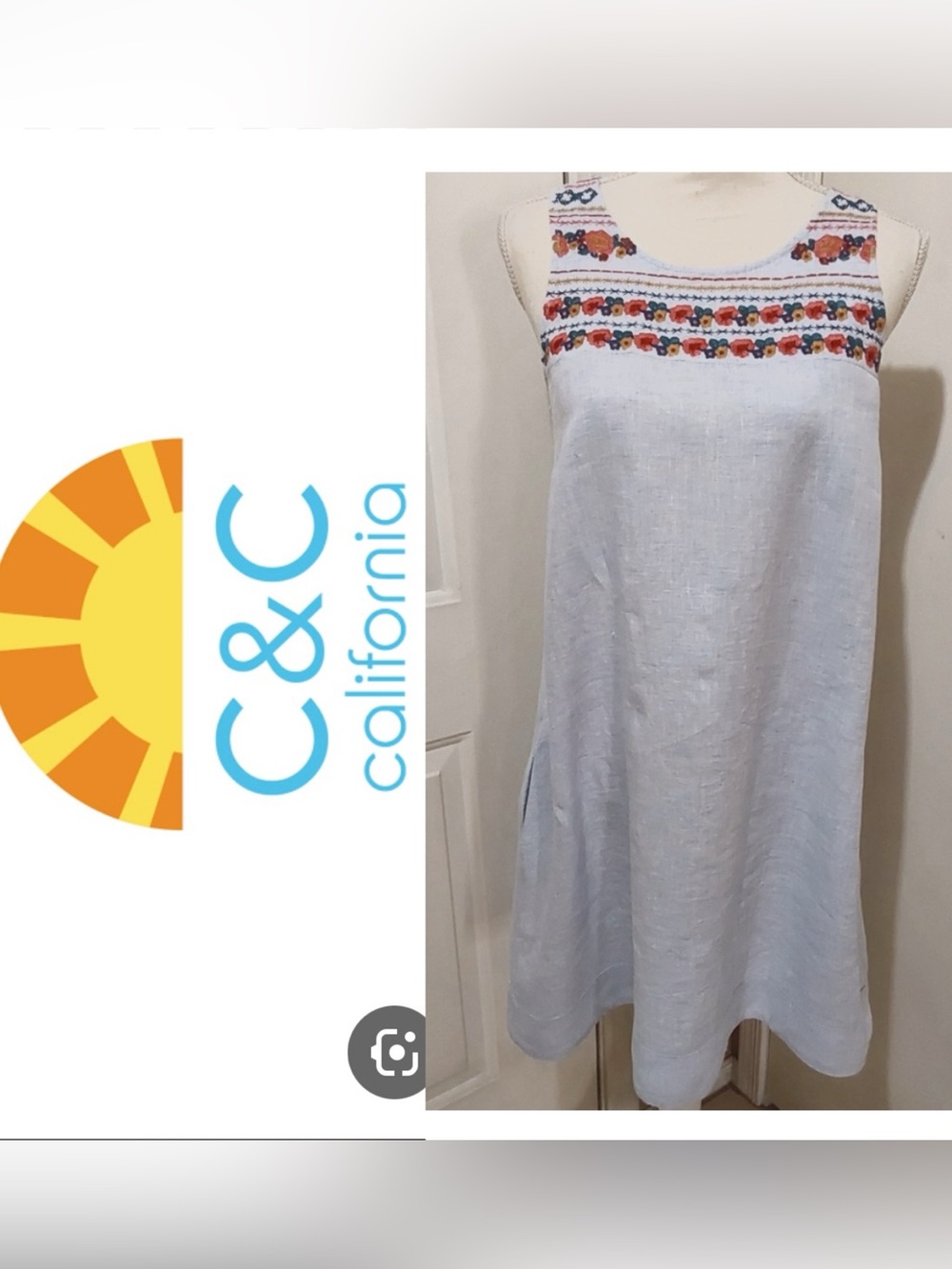C&C California Linen Dress Embroidered Boho Sleeveless Shift Beige Summer